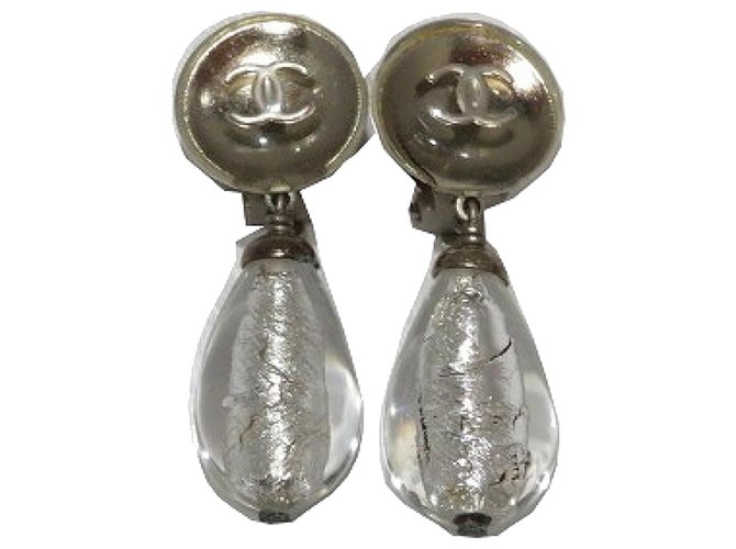Chanel Silver CC Teardrop Clip On Earrings Silvery White Metal  ref.213667