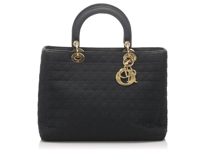 Dior Black Cannage Lady Dior Nylon Handbag Leather Cloth  ref.213695