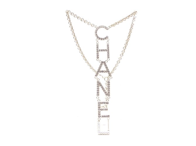 Collier Chanel Gold CC Logo Spelled Out Crystals Doré  ref.213784