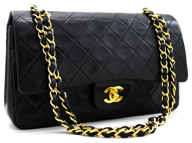 Chanel 2.55 gefütterte Klappe 10"Chain Shoulder Bag Black Lambskin Schwarz Leder  ref.213804