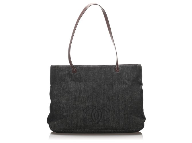 Chanel Blue CC Denim Tote Brown Navy blue Leather Pony-style calfskin Cloth  ref.213943