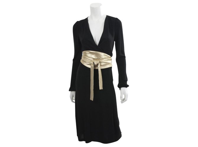 Diane Von Furstenberg DvF Obi Vintage Kleid Schwarz Golden Strahl  ref.214082