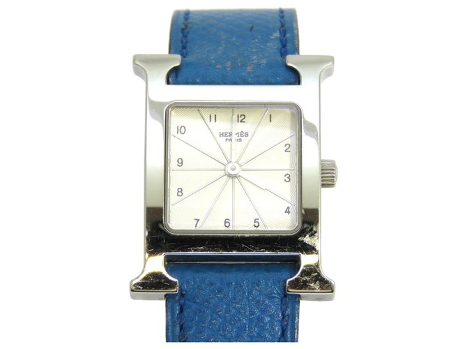 Hermès Relógio Hermes Blue H Prata Azul Couro Aço Metal Bezerro-como bezerro  ref.214090