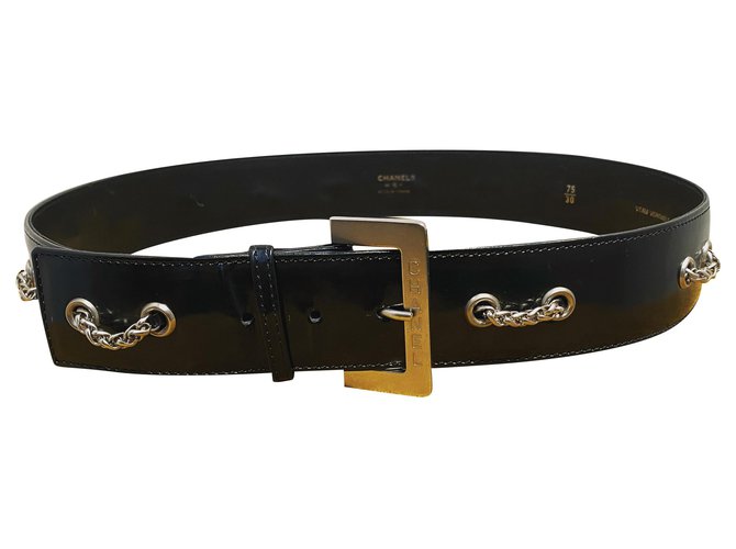 Chanel Cinturones Negro Plata Cuero  ref.214188