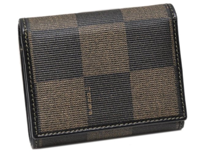 Fendi Brown Pequin Small Wallet Black Leather Cloth Pony-style calfskin Cloth  ref.214865