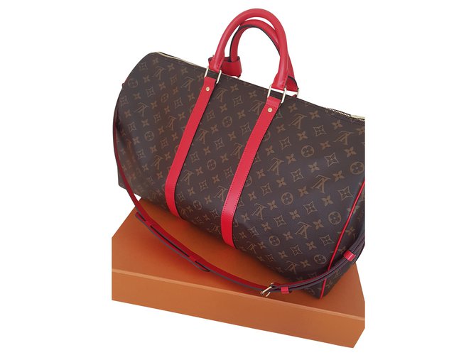 Louis Vuitton keepall 50 Red Dark brown Leather Cloth  ref.214995