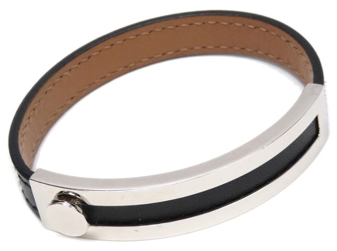 Bracelet en cuir noir Hermès Métal Veau façon poulain Argenté  ref.215027