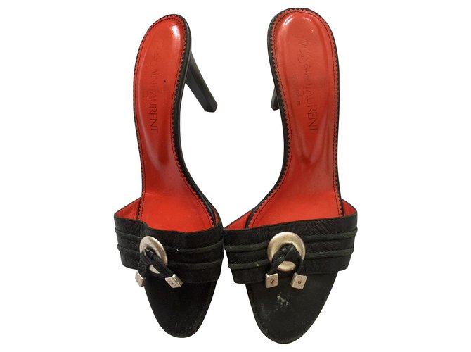 Yves Saint Laurent Mules YSL Rive Gauche Vintage Noir Bijouterie argentée 