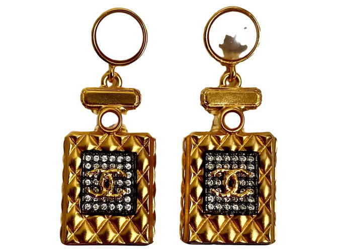 Chanel Runway No.5 Perfume Bottle Style Earrings Golden Metal ref