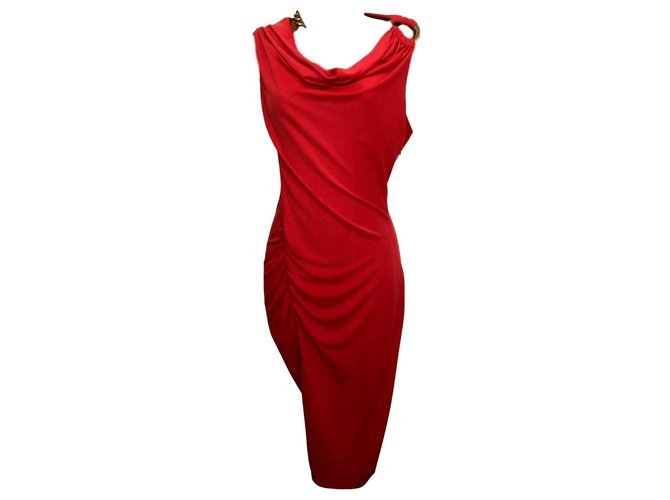 Halston Heritage Draped dress with metal feature Red Coral Polyester Elastane  ref.215205