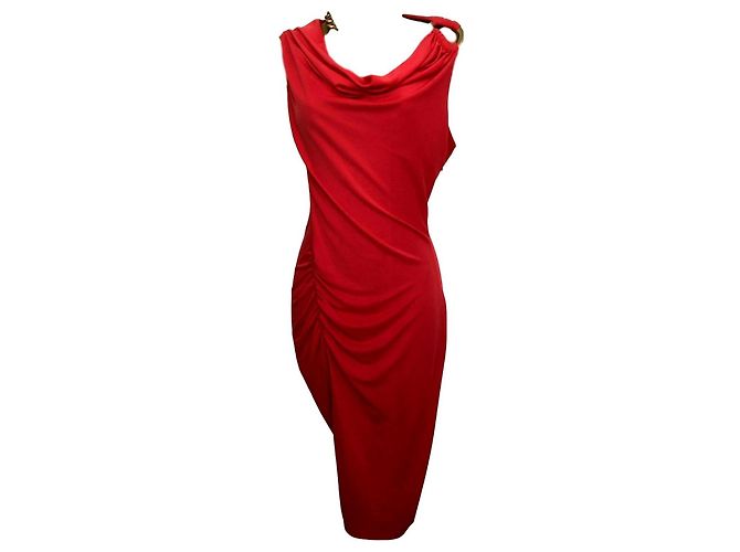 Halston Heritage Drapiertes Kleid mit Metallelement Rot Koralle
