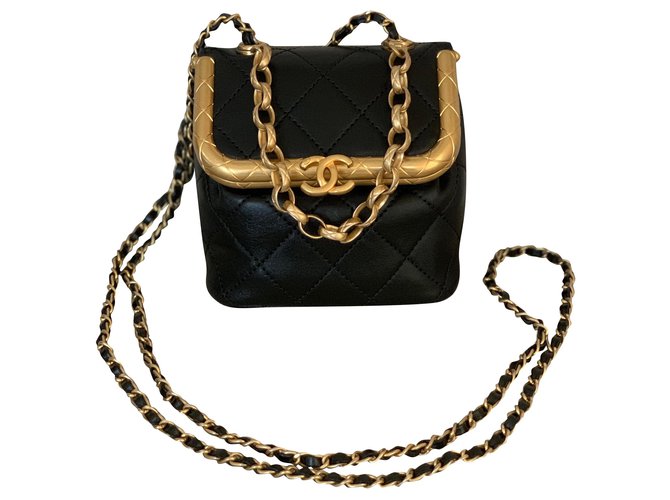 Chanel Black Small Kiss-Lock Lambskin Bag Gold-Tone Metal Leather   - Joli Closet