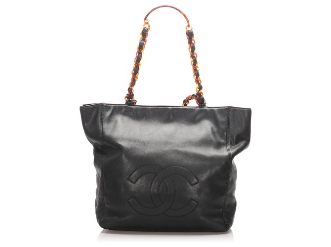 Chanel Black Leather Quilted CC Chain Tote Bag