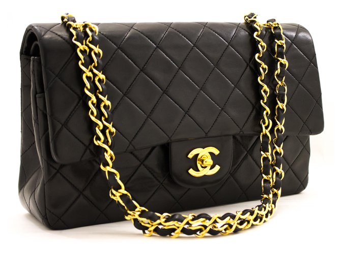 Chanel 2.55 gefütterte Klappe 10"Chain Shoulder Bag Black Lambskin Schwarz Leder  ref.216049