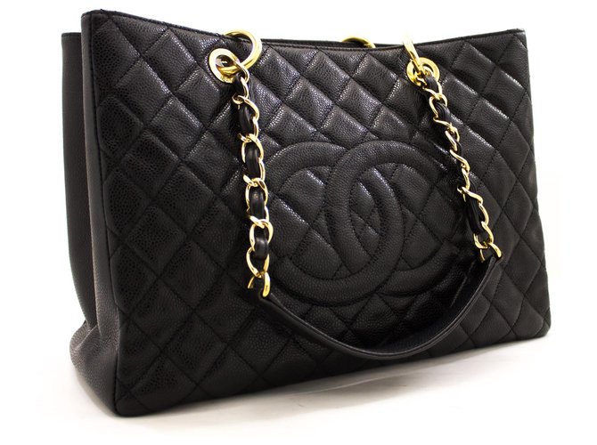 CHANEL Caviar GST 13" Grand Shopping Tote Chain Shoulder Bag Black Leather  ref.216055