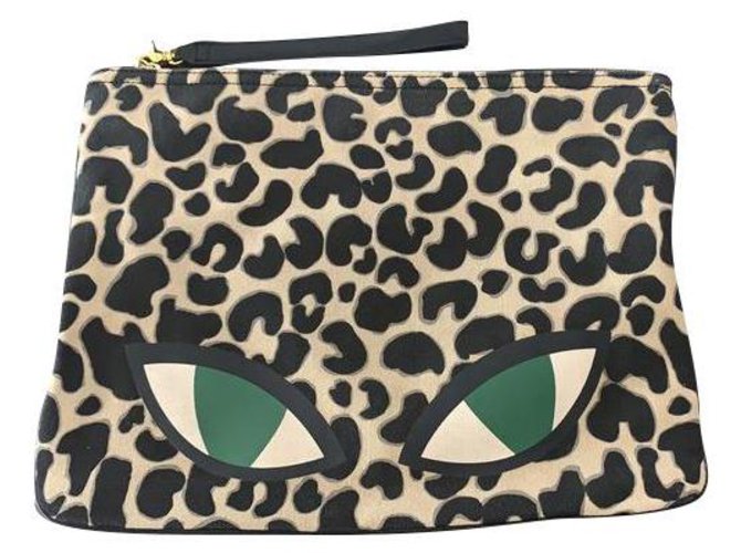 Lulu Guinness Wild Cat print large clutch bag Leopard print Cloth  ref.216314