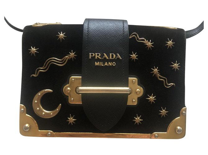Prada Small Velvet Astrology Cahier Bag Black Leather  ref.216381