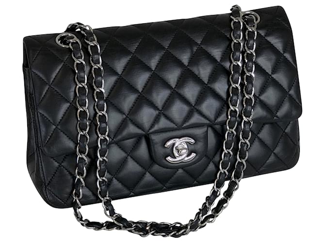 Chanel Medium Dbl Flap Bag Schwarzes Lammfell Timeless Classic Leder  ref.216612