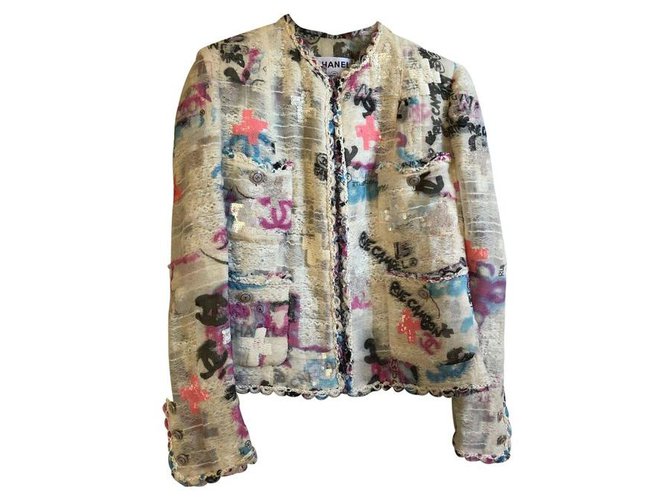 100% Auth Chanel 07C Sought after GRAFFITI Ecru Tweed Lace CC logo Jacket  FR38 Multiple colors ref.216616 - Joli Closet