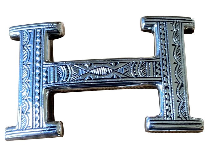 Hermès Cintura Hermes "H" con fibbia in argento Touareg Nero Pelle  ref.216658