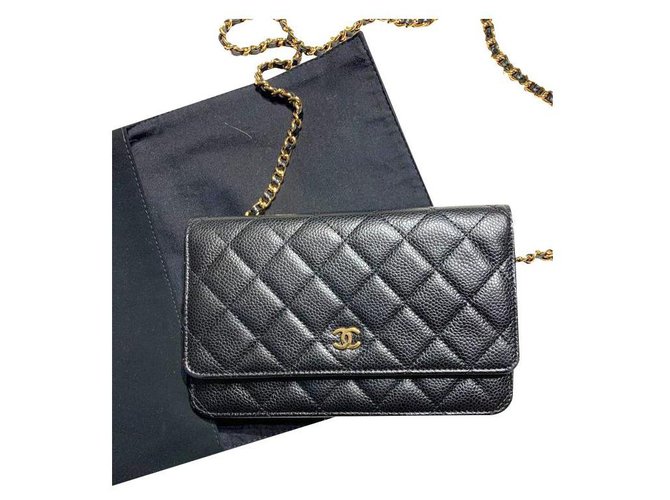 Wallet On Chain Chanel Bolsos de mano Negro Cuero  ref.216788