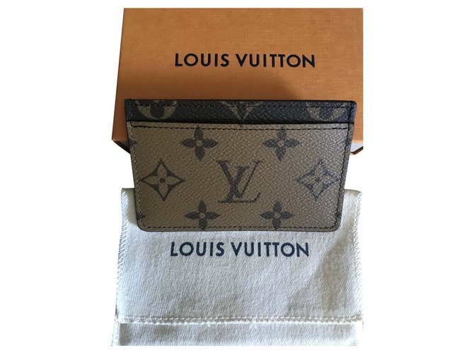 Louis Vuitton Monograma reverso do titular do cartão Castanho claro Castanho escuro Couro Lona  ref.217223