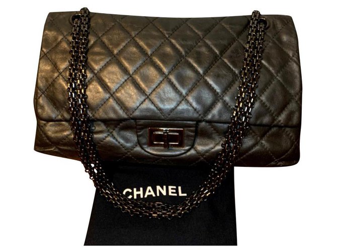 Chanel preto 2.55 Reedição 227 saco de aba Couro  ref.217973