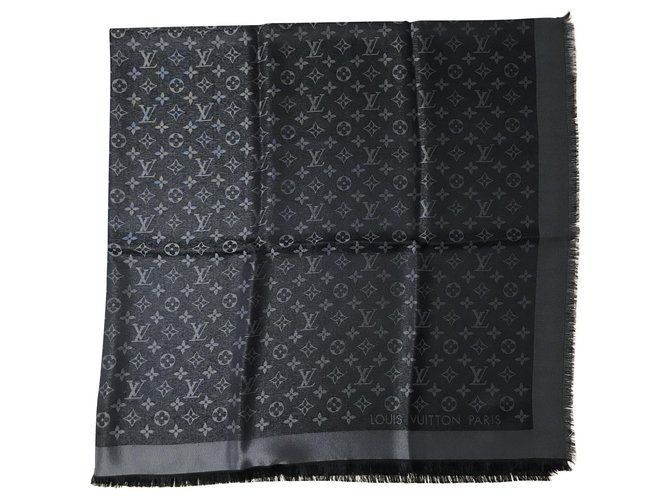 Scialle Louis Vuitton Shine Nero Schwarz Seide Polyester Wolle Viskose  ref.218052