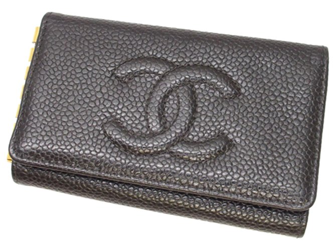 Porta-chaves Chanel Black CC Caviar Preto Couro  ref.217834