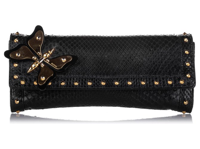 Gucci Black Butterfly Broadway Snake Skin Clutch Bag Golden Leather  ref.218290