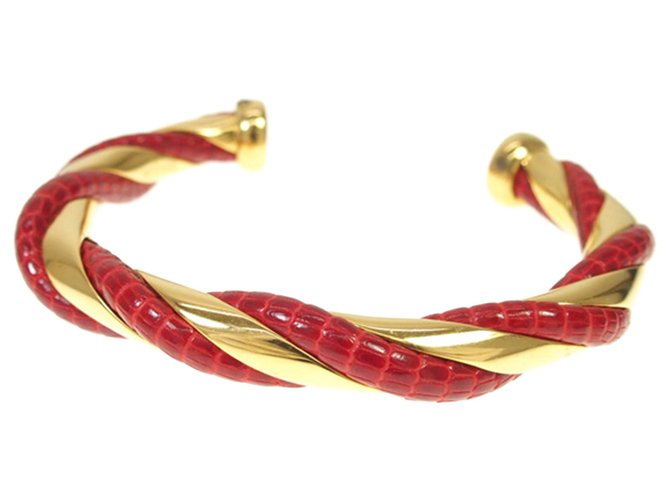 Hermès Punho de couro de lagarto trançado vermelho Hermes Dourado Metal  ref.218348