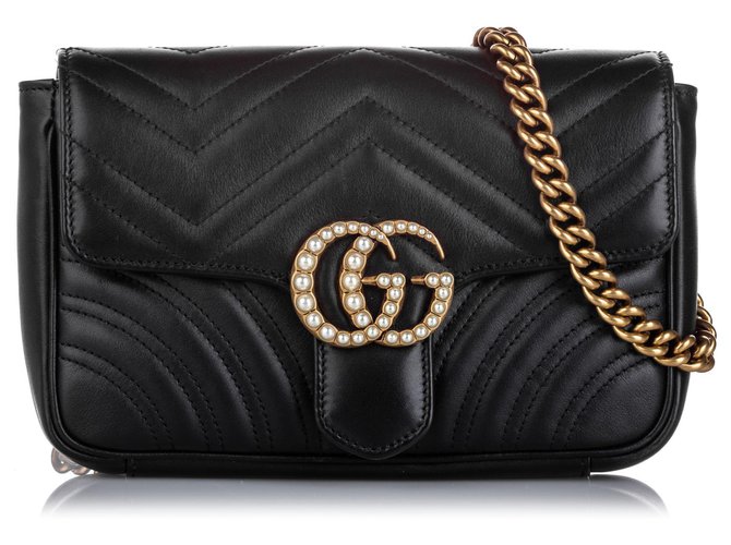 Bolsa com cinto de corrente Gucci Black GG Marmont Pearl Preto Couro Bezerro-como bezerro  ref.218426