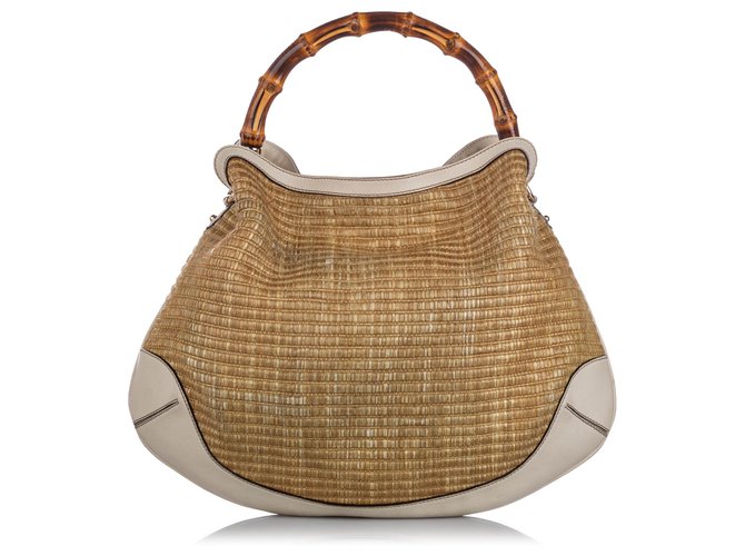 Gucci Brown Bamboo Straw Handbag White Beige Leather Pony-style