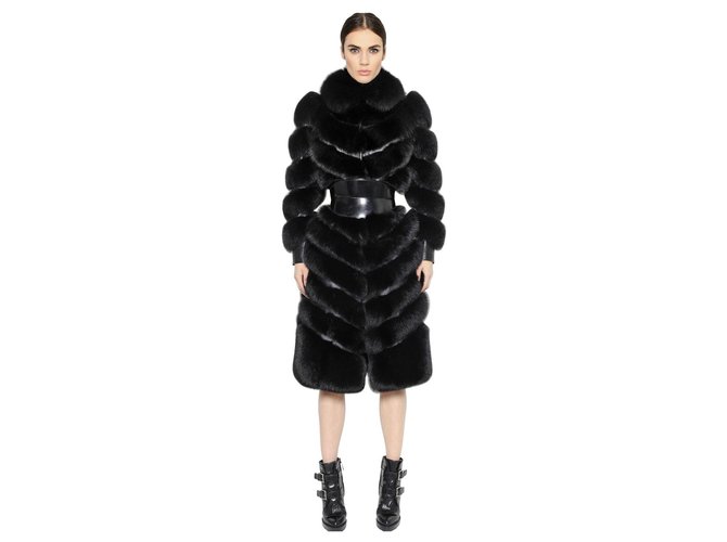 Alexander McQueen manteau en fourrure de renard noir et cuir  ref.218468