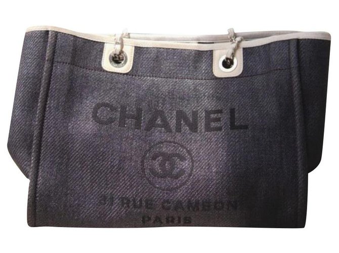 Sacola de compras Chanel Deauville Azul Couro Pano  ref.218550