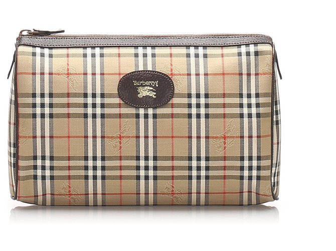 Burberry Brown Haymarket Check Canvas Clutch Bag Multiple colors Beige Leather Cloth Pony-style calfskin Cloth  ref.218860