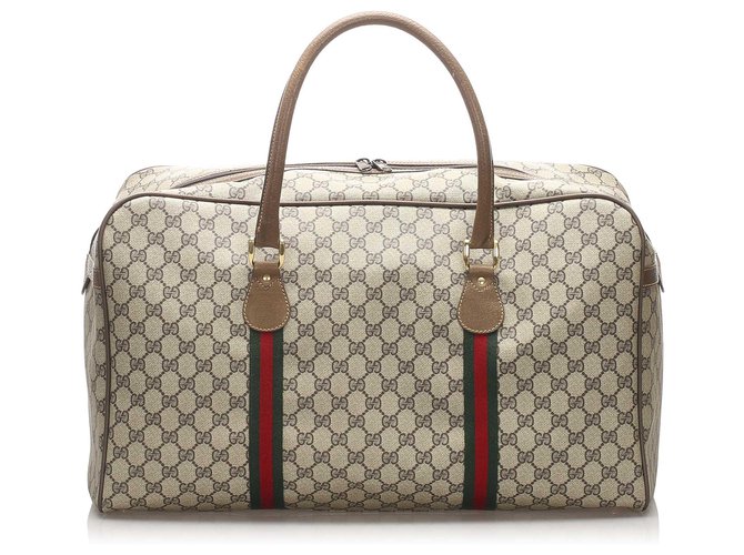 Gucci Brown GG Supreme Web Travel Bag Cuir Toile Veau façon poulain Tissu Marron Multicolore Beige  ref.218886