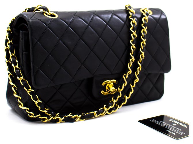Chanel 2.55 gefütterte Klappe 10"Chain Shoulder Bag Black Lambskin Schwarz Leder  ref.218993