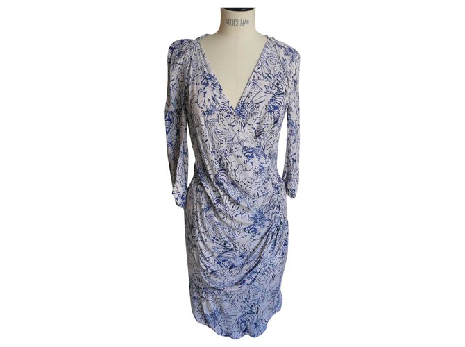 MAJE Hervorragendes drapiertes Kleid T.3 Weiß Blau Viskose  ref.219202