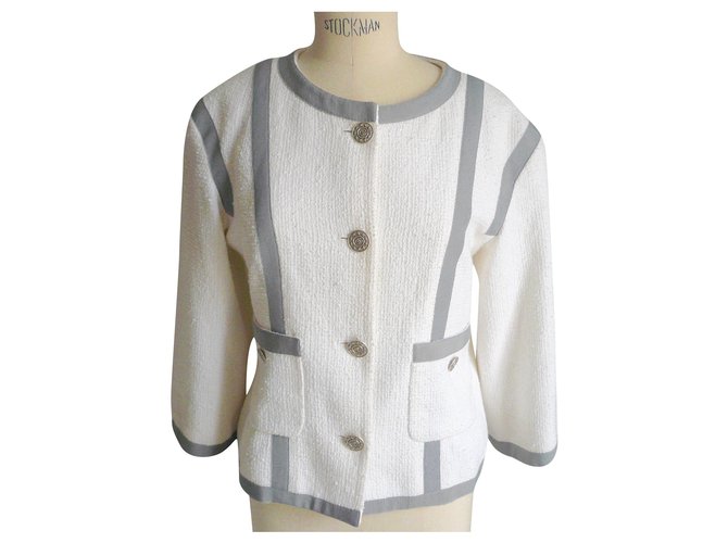 CHANEL White cotton tweed jacket with gray edging GOOD CONDITION S44 fr Grey Silk  ref.219204
