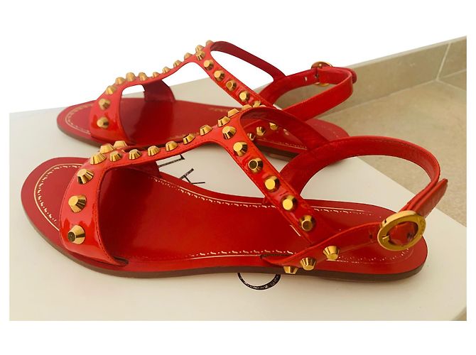 Prada Studded Red Patent Leather Flat Sandals