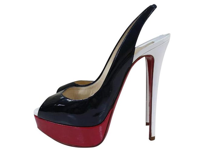 Christian Louboutin Patent Leather Lady Peep Toe Platform Sling Heels Sz 38 Multiple colors  ref.219476