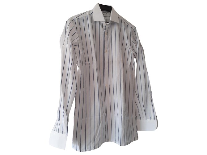 Guy Laroche chemises Coton Polyester Blanc Bleu  ref.219480