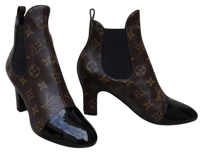 Louis Vuitton Revival ankle boots 7.5 cm Cuir vernis Toile Marron Noir  ref.219640