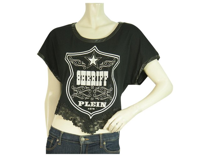 Philipp Plein Black Female Sheriff Rhinestones Short Sleeve T- Shirt lace hem Cotton  ref.219679