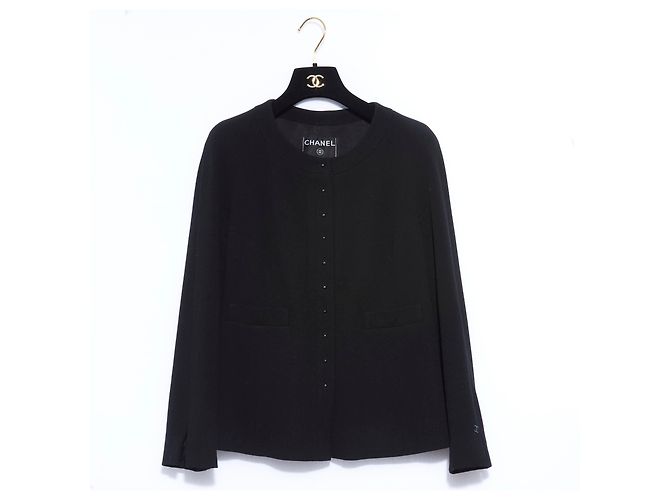 Chanel Jacke aus schwarzem Wollkrepp Größe 38