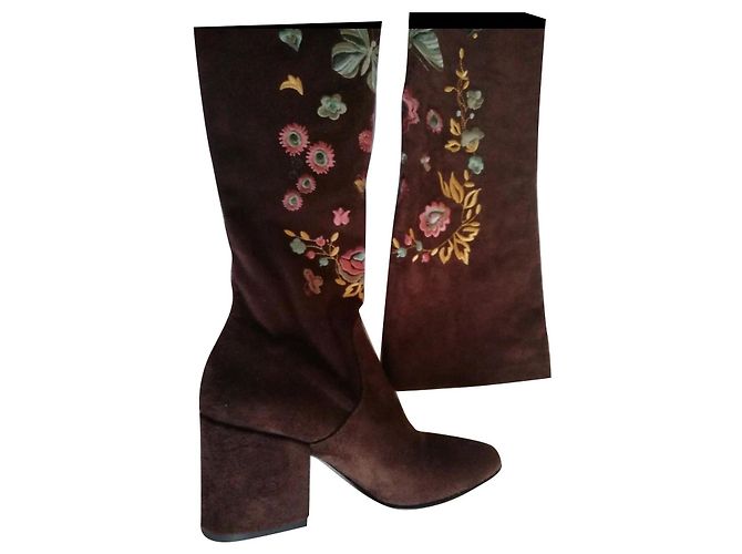 Strategia Embroidered suede thigh boot Dark brown