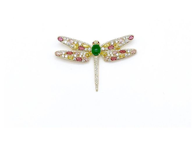 Autre Marque Spilla libellula in metallo placcato oro e cristalli multicolori Gold hardware