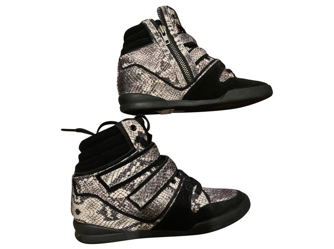 The Kooples Sneakers compensées PYTHON Cuir Daim Noir Imprimé python  ref.220276