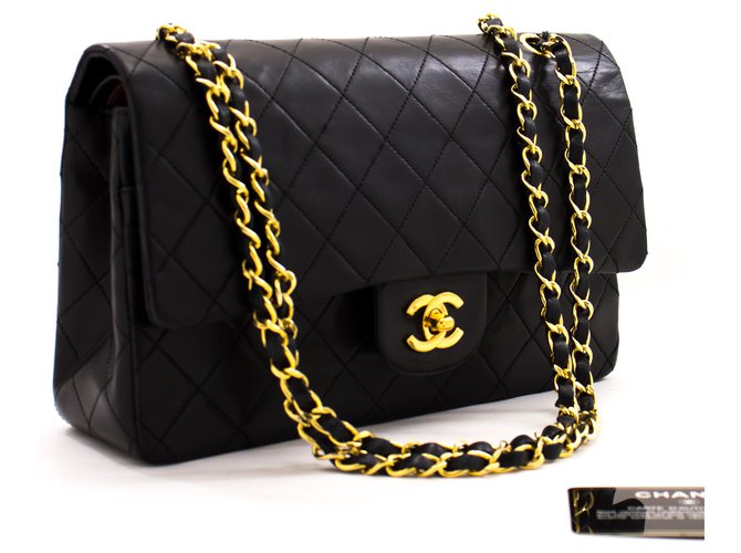 Chanel 2.55 Bolsa de ombro com aba forrada de corrente média preta Preto Couro  ref.220326